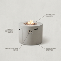 Zachary 31 In. X 24.5 In. Circular Concrete Propane Outdoor Patio Fire Pit in Light Gray — infographic