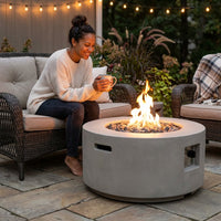 Zachary 31 In. X 24.5 In. Circular Concrete Propane Outdoor Patio Fire Pit in Light Gray — Lifestyle