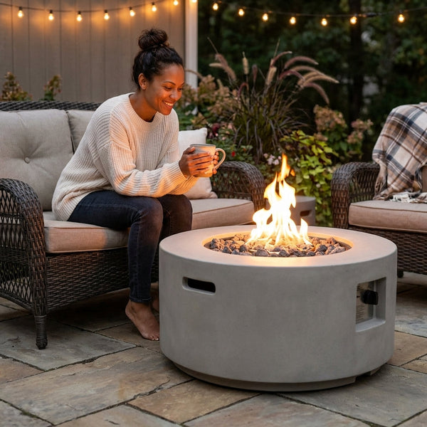 Concrete Outdoor Fire Pit Built for All-Weather Patios, 40K BTU Propane, Built-In Tank Holder, Light Gray