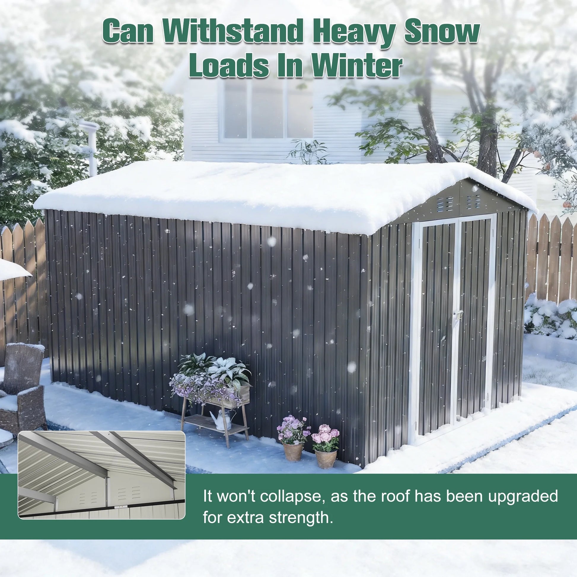8'X12' Outdoor Metal Storage Shed with Floor Frame, Galvanized Steel Garden Shed, Metal Garden Tool Shed with Double Lockable Doors for Backyard Patio Lawn, Gray