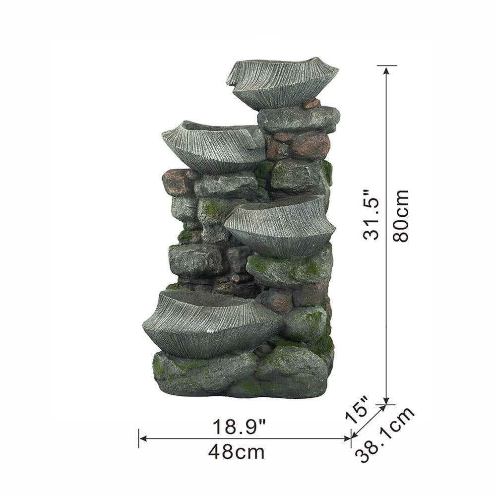 31.5 In. Tall Outdoor Stone Water Fountain, 4-Tier Polyresin Cascading Rock Bowl Freestanding Fountain with Light