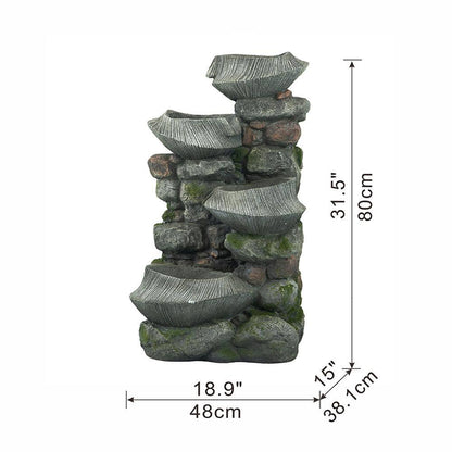 31.5 In. Tall Outdoor Stone Water Fountain, 4-Tier Polyresin Cascading Rock Bowl Freestanding Fountain with Light
