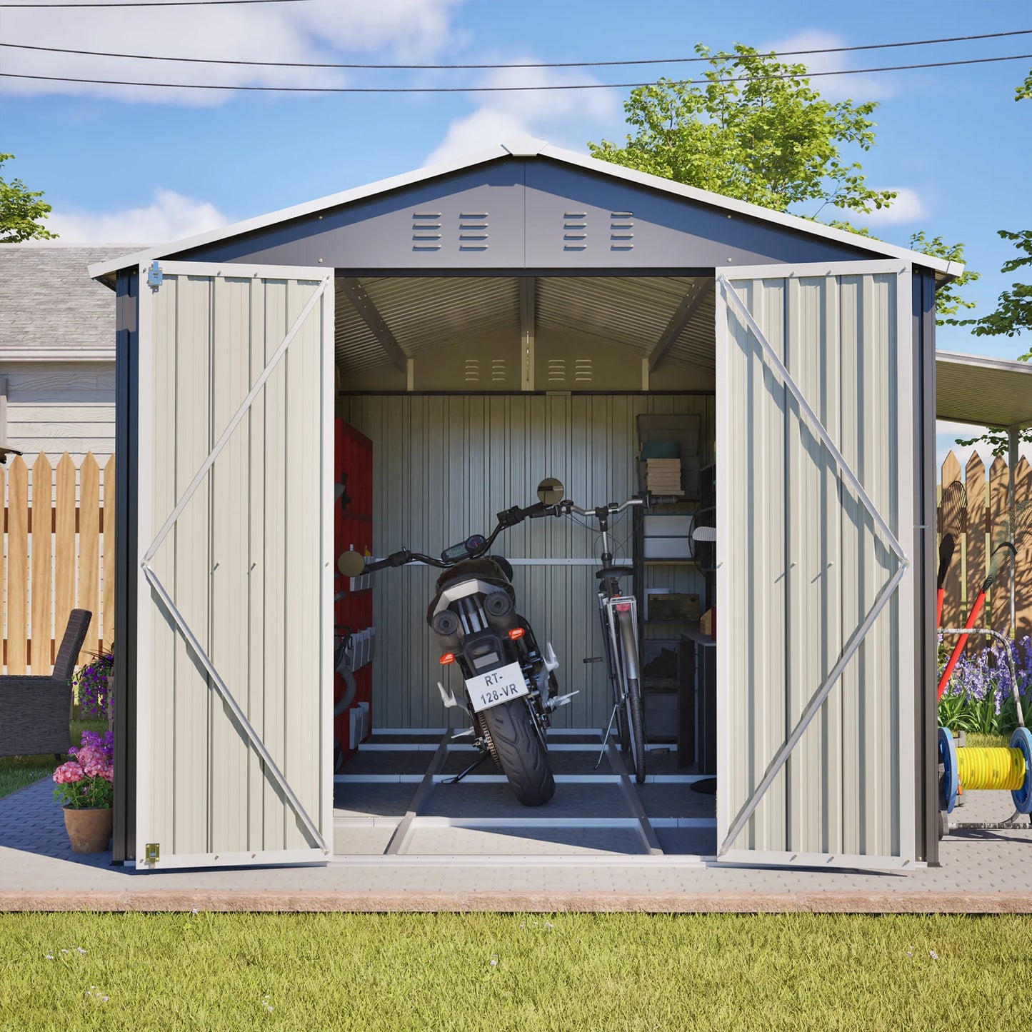 8'X12' Outdoor Metal Storage Shed with Floor Frame, Galvanized Steel Garden Shed, Metal Garden Tool Shed with Double Lockable Doors for Backyard Patio Lawn, Gray
